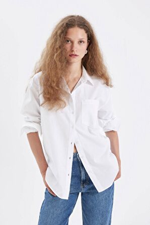 DeFacto Oversize Geniş Kalıp Basic Düz Düğmeli Poplin Uzun Kollu Gömlek U7763AZ24AUWT36