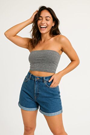 Kadın Duble Paça Yıkamalı Denim Şort