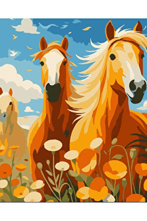 Sayılarla Boyama Seti 40x50 Cm (Çıtalı) Fırça Boya Dahil Numaralı Tuval Üç At