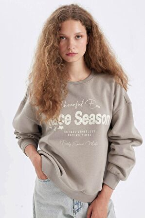 DeFacto Loose Fit Bisiklet Yaka Baskılı Kalın Sweatshirt C7814AX24WNBG730
