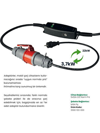 Viego Taşınabilir Elektrikli Araç Şarj Cihazı 11/22KW MOD 2 16/32 Amper, Dönüştürücü Fiş Hediyeli 5 mt Şarj Kablosu, Cee 3 Fazlı Fiş