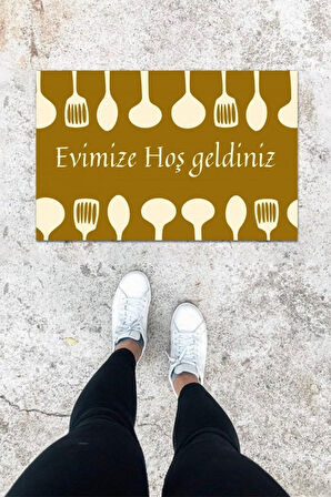 Dijital Baskı Kahverengi Kaşık Desen Kapı Önü Paspası K-1041