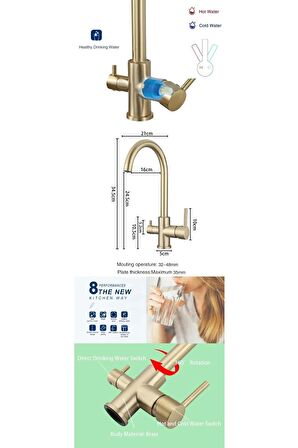 Mutfak Evye Bataryası Dual Flow Su Arıtma Çıkışlı Spiralli Fiskiyeli 7 Yıl Garantili Ithal Mat Gold