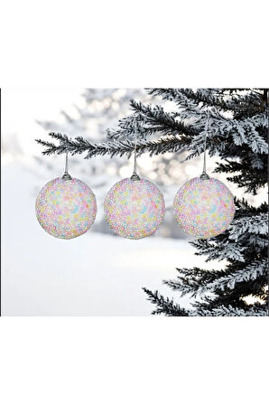 Yılbaşı Süsü Renkli Şekerli 3'lü Top 8 cm