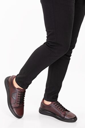 Shoeter-M1646 Hakiki Deri Ortopedik Sneaker Bordo Ayayakkabı