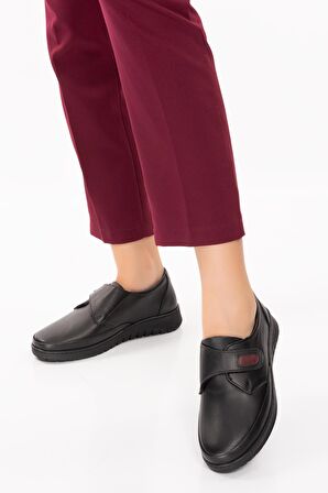 Artı-Artı001-1831 Hakiki Deri Ortopedik Cırtlı Kadın Siyah Ayakkabı