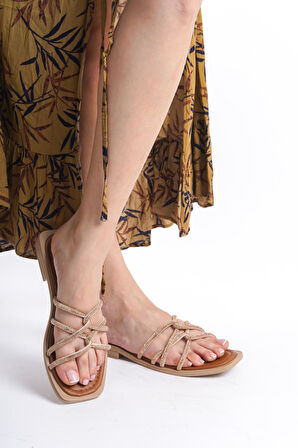 MİA026-1601 Günlük Kadın Taşlı Taba Tatil Terliği