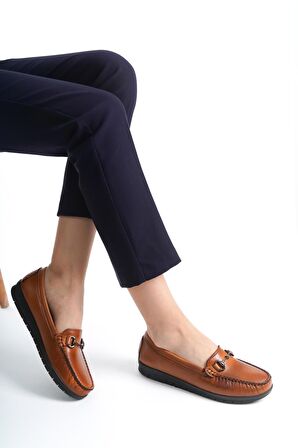 Artı-Artı014-BB-501-T Hakiki Deri Ortopedik Kadın Taba Babet Ayakkabı