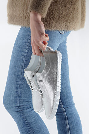 MİA027-1802 Hakiki Deri Kadın Günlük Ortopedik GÜMÜŞ Spor Babet Ayakkabı