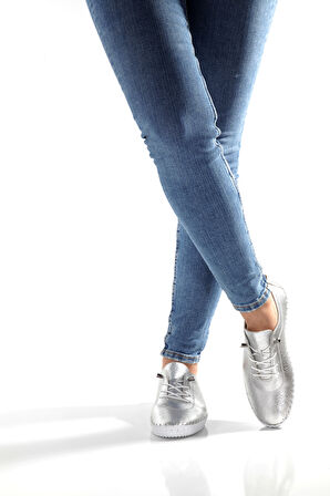 MİA027-1802 Hakiki Deri Kadın Günlük Ortopedik GÜMÜŞ Spor Babet Ayakkabı