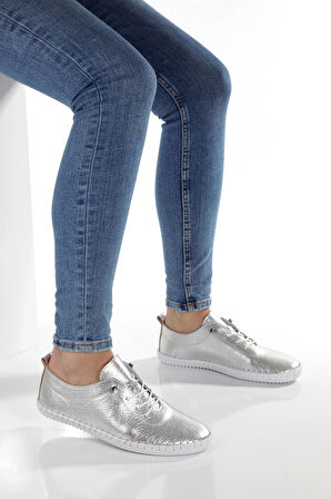 MİA027-1802 Hakiki Deri Kadın Günlük Ortopedik GÜMÜŞ Spor Babet Ayakkabı