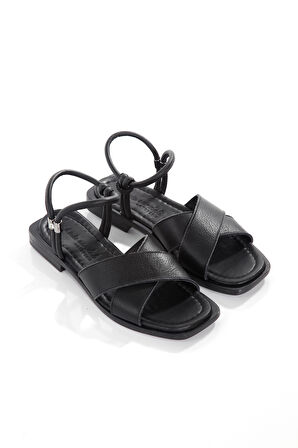 MİA028-3010 Hakiki Deri Kadın Günlük Konforlu SİYAH Tatil Sandalet