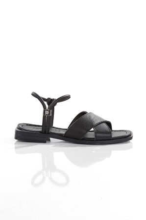 MİA028-3010 Hakiki Deri Kadın Günlük Konforlu SİYAH Tatil Sandalet