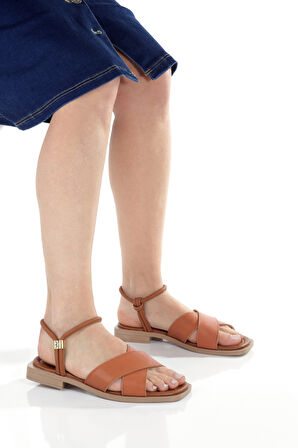 MİA028-3010 Hakiki Deri Kadın Günlük Konforlu TABA Tatil Sandalet