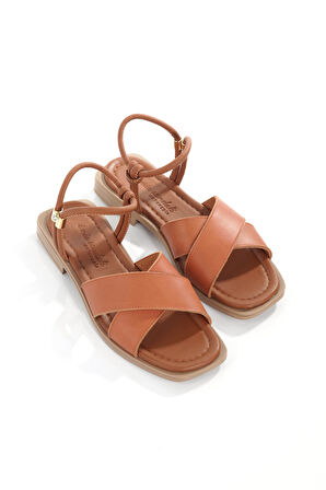 MİA028-3010 Hakiki Deri Kadın Günlük Konforlu TABA Tatil Sandalet