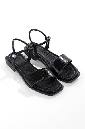 MİA028-3011 Hakiki Deri Kadın Günlük Konforlu SİYAH KIRIŞIK RUGAN Tatil Sandalet