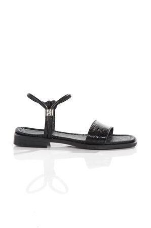 MİA028-3011 Hakiki Deri Kadın Günlük Konforlu SİYAH KIRIŞIK RUGAN Tatil Sandalet
