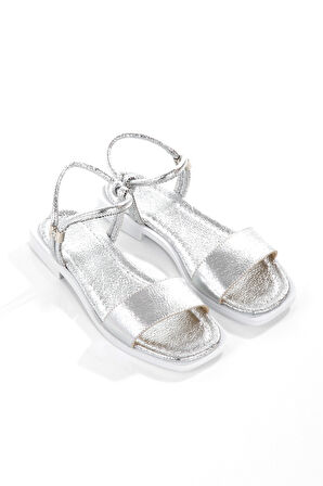 MİA028-3011 Hakiki Deri Kadın Günlük Konforlu GÜMÜŞ Tatil Sandalet