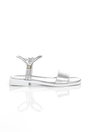 MİA028-3011 Hakiki Deri Kadın Günlük Konforlu GÜMÜŞ Tatil Sandalet