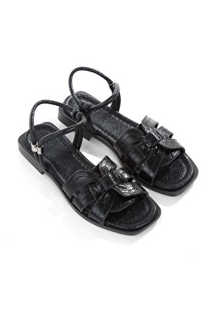 MİA028-3012 Hakiki Deri Kadın Günlük Ortopedik SİYAH KIRIIK RUGAN Tatil Sandalet