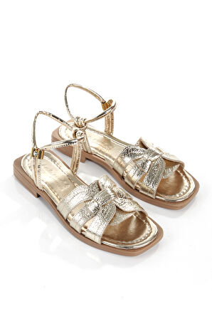 MİA028-3012 Hakiki Deri Kadın Günlük Ortopedik ALTIN Tatil Sandalet