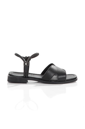 MİA028-3013 Hakiki Deri Kadın Günlük Ortopedik SİYAH Tatil Sandaleti