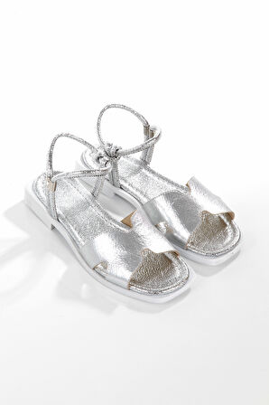 MİA028-3013 Hakiki Deri Kadın Günlük Ortopedik GÜMÜŞ Tatil Sandaleti