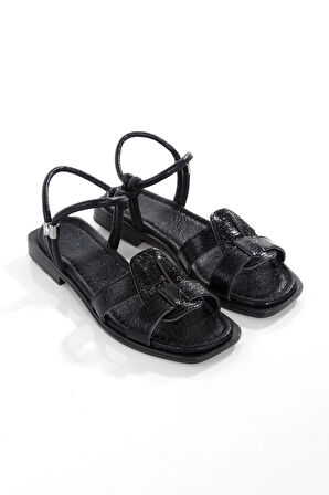 MİA028-3014 Hakiki Deri Kadın Günlük Ortopedik SİYAH KIRIŞIK RUGANTatil Sandalet