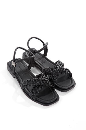 MİA026-1560 Kadın Siyah El Örgülü Abiye Günlük-Düğün-Eğlence-Tatil Sandaleti