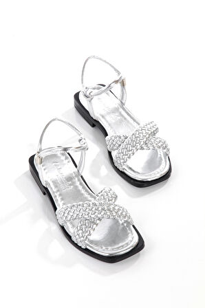 MİA026-1560 Kadın Gümüş-Siyah El Örgülü Abiye Günlük-Düğün-Eğlence-Tatil Sandaleti