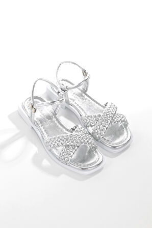 MİA026-1560 Kadın Gümüş-Beyaz El Örgülü Abiye Günlük-Düğün-Eğlence-Tatil Sandaleti