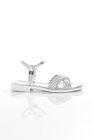 MİA026-1560 Kadın Gümüş-Beyaz El Örgülü Abiye Günlük-Düğün-Eğlence-Tatil Sandaleti