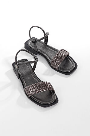 MİA026-1561 Kadın PLATİN El Örgülü Abiye Günlük-Düğün-Eğlence-Tatil Sandaleti