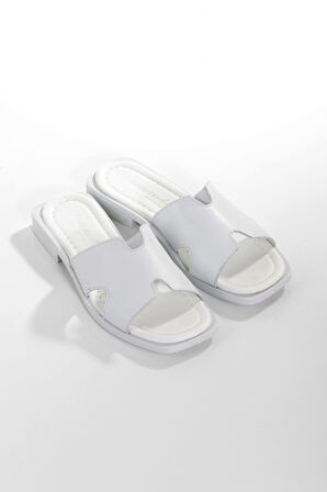 MİA028-1022 Hakiki Deri Kadın Günlük-Düğün-Eğlence-BEYAZ Tatil Terliği 