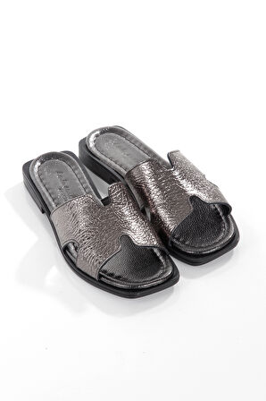 MİA028-1022 Hakiki Deri Kadın Günlük-Düğün-Eğlence-PLATİN Tatil Terliği 