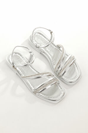 MİA026-1512 Kadın Taşlı Abiye Günlük-Düğün-Eğlence-GÜMÜŞ Tatil Terliği