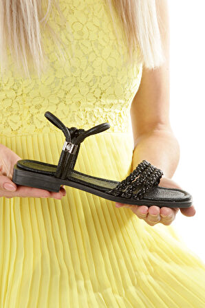 MİA026-1550 Kadın El Örgülü Abiye Günlük-Düğün-Eğlence-SİYAH KIRIŞIK RUGAN Tatil Terliği