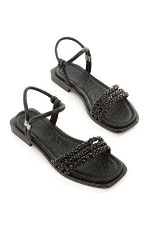 MİA026-1550 Kadın El Örgülü Abiye Günlük-Düğün-Eğlence-SİYAH KIRIŞIK RUGAN Tatil Terliği