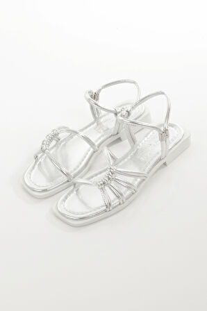 MİA026-1510Kadın Taşlı Abiye Günlük-Düğün-Eğlence-GÜMÜŞ Tatil Sandaleti