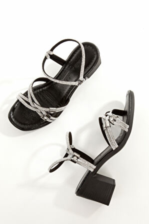 MİA100-Tpk-1117  RAHAT TAŞLI ABİYE  Günlük-Düğün-Eğlence-Tatil SİYAH KIRIŞIK RUGAN Topuklu Ayakkabı