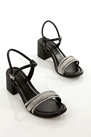 MİA100-Tpk-1119  RAHAT TAŞLI ABİYE  Günlük-Düğün-Eğlence-Tatil  SİYAH KIRIŞIK RUGAN Topuklu Ayakkabı