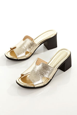 MİA100-Tpk-1120 Hakiki Deri Günlük-Düğün-Eğlence-Tatil  ALTIN Topuklu Terlik