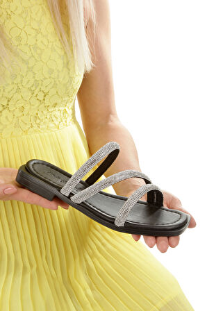 MİA026-1610 Kadın Günlük Taşlı Bantlı SİYAH Tatil Terliği