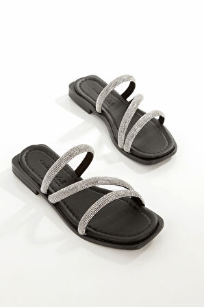 MİA026-1610 Kadın Günlük Taşlı Bantlı SİYAH Tatil Terliği