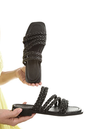 MİA026-1606 Günlük Kadın El Örgülü SİYAH Tatil Terliği