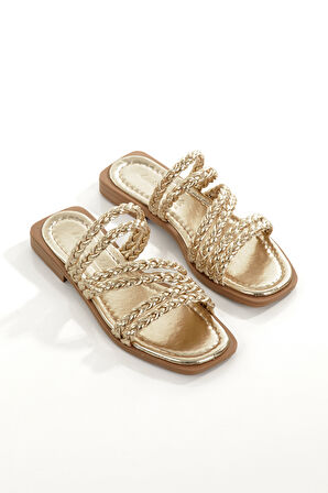 MİA026-1606 Günlük Kadın El Örgülü ALTIN Tatil Terliği