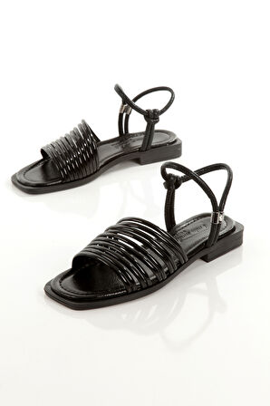 MİA026-1565 Kadın Çoklu Biyeli  Abiye Günlük-Düğün-Eğlence-SİYAH KIRIŞIK RUGAN Tatil Terliği