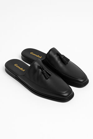 Gondol Erkek Hakiki Deri Püskül Detaylı Damat Ev Terliği kayaş.135 - Siyah - 46