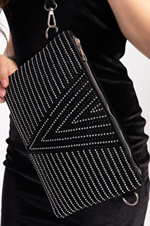 Gondol Kadın Taş İşlemeli  Zincir Askılı  Şık Çanta ald.210 - Siyah Taşlı