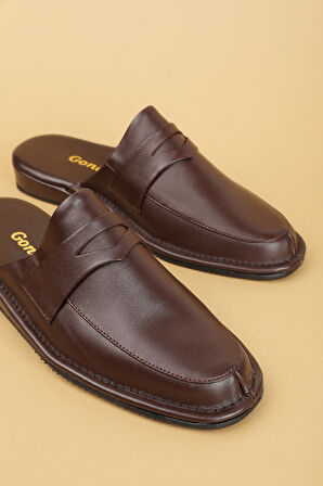 Gondol Erkek Hakiki Deri Damat Ev Terliği kayaş.9011 - Kahverengi - 46